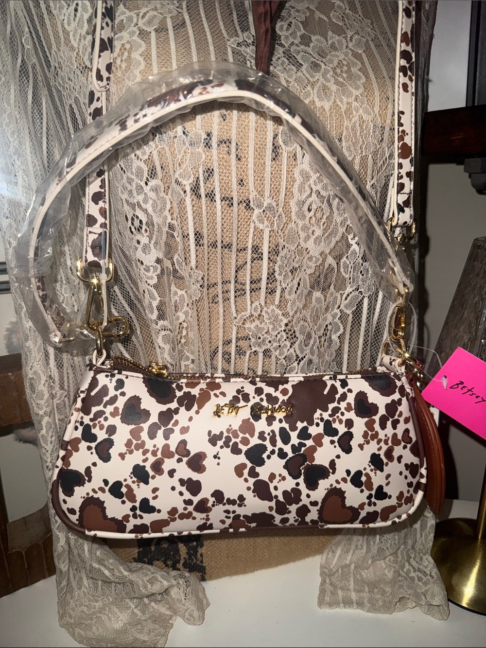 Women's betsy Johnson Brown & White Printed Shoulder Bag